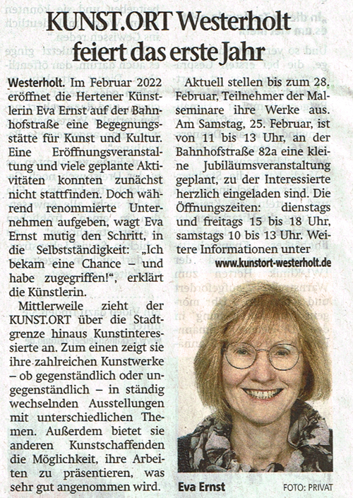 Kunst und Kultur Herten, Kunstort Westerholt, Eva Ernst, Jubiläum, Bericht in Hertener Allgemeine Zeitung