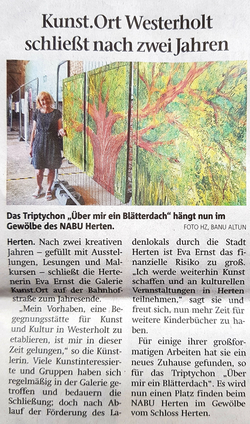 Kunst, Kultur Herten, Eva Ernst, Artikel Hertener Allgemeine Zeitung, Kunstort schließt.